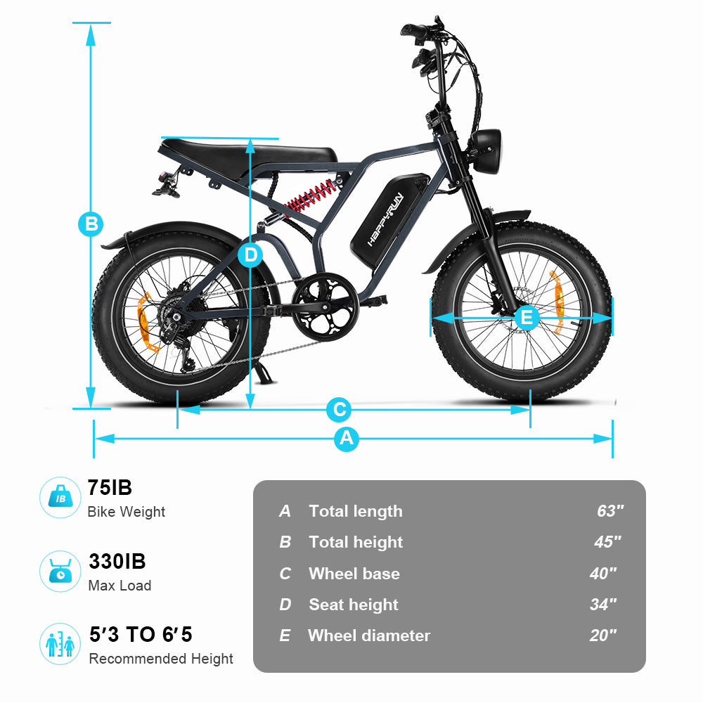 HappyRun moped style ebike G60 pro size chart