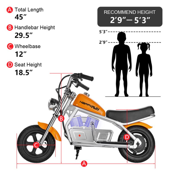 Happyrun Pulse 11 Kids Electric Motorcycle size chart